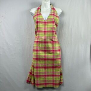 Lizgolf Claiborne Halter Dress size 16 Pink Green Plaid Midi Flowy Fit Flare